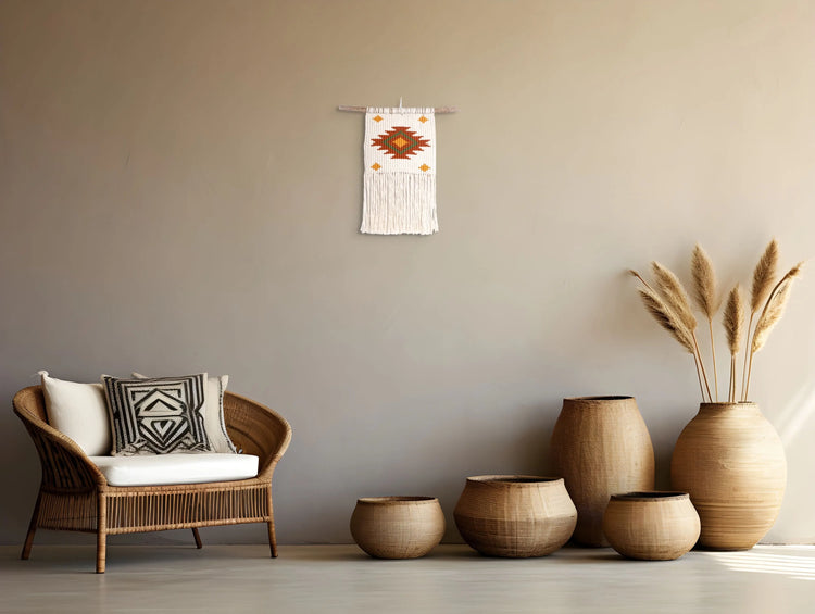 Tenture macramé suspendue près d'un fauteuil et de pots en osier