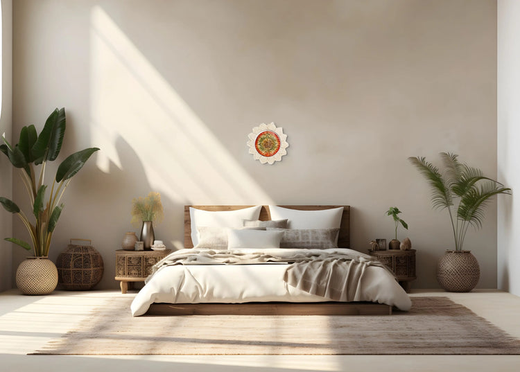 Création Calendrier Maya accrochée au-dessus de la tête d'un lit dans une chambre de caractère