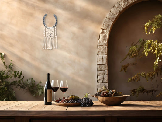 Création Papillon porte bonheur en macramé et fer-à-cheval accroché sur un mur devant une table avec raisin et vin