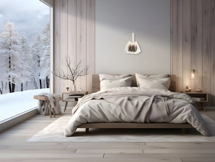 Attrape-rêves accroché au mur derrière la tête du lit d'une chambre chic et chaleureuse