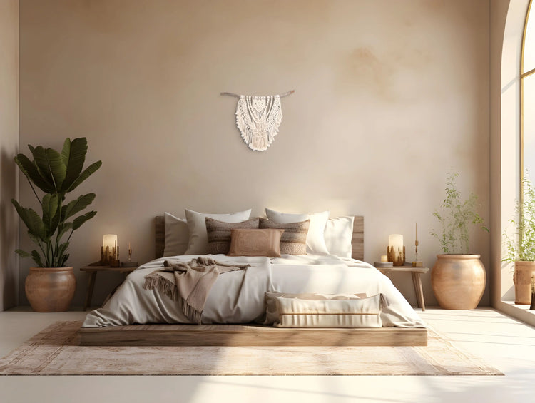 Grande tenture en macramé accrochée au mur au-dessus de la tête de lit dans une chambre avec des plantes
